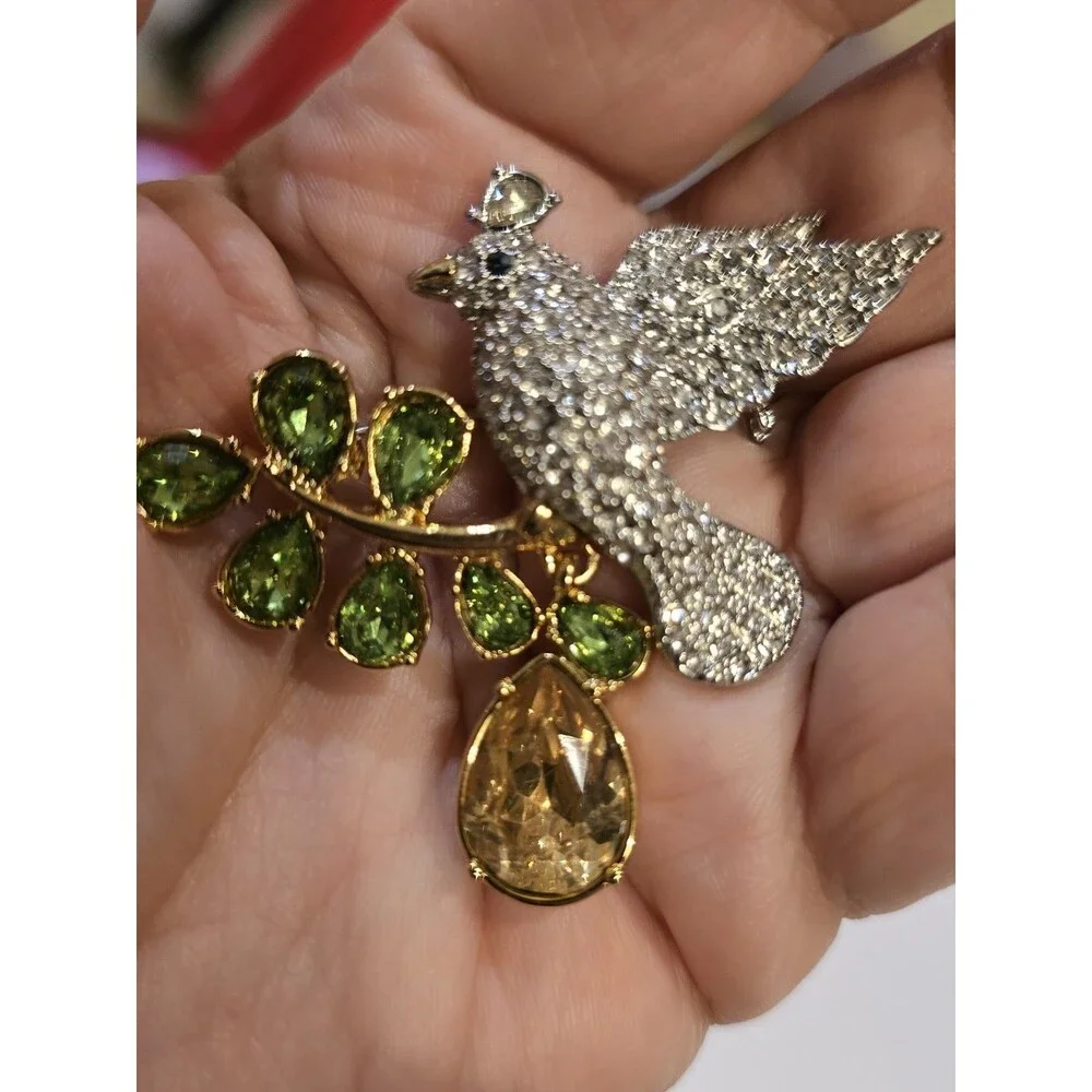 Talbots Jeweled Bird Brooch Rhinestone Green Crystal Branch Pin Figural #1397